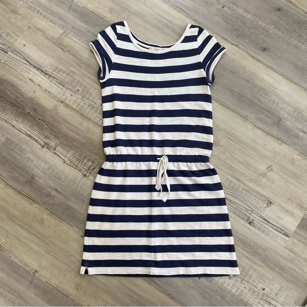 Loft Navy Blue Cream Stripe Terry cloth drawstring short sleeve dress cover-up S